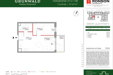 Rzut - Mieszkanie na sprzedaż 2 pokoje o powierzchni 37,63 m² - numer D128 w Grunwald Między Drzewami etap III
