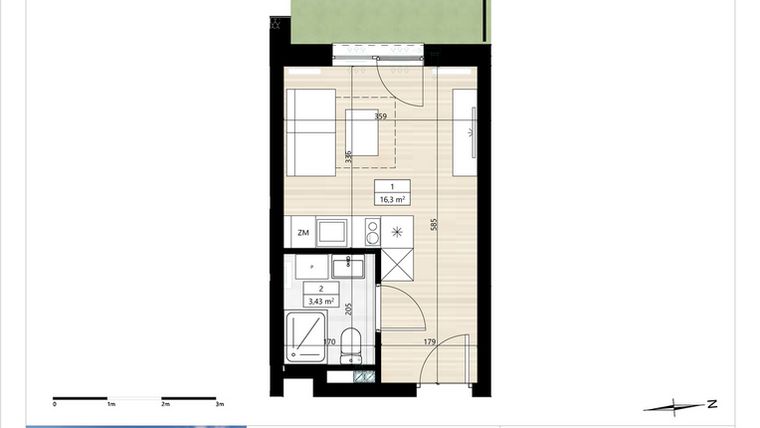 Rzut - Mieszkanie na sprzedaż 1 pokój o powierzchni 19,73 m² - numer B3/0/1 w Montano bud. B3 - apartamenty inwestycyjne