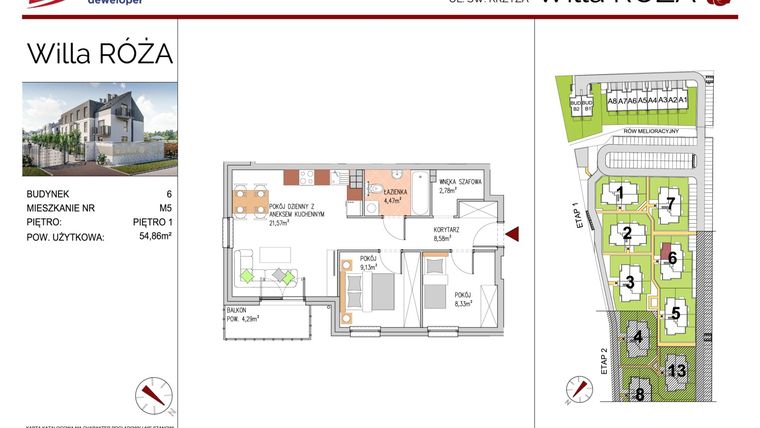 Rzut - Mieszkanie na sprzedaż 3 pokoje o powierzchni 54,86 m² - numer B6-M5 w Willa Róża