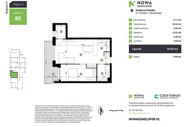 Rzut - Mieszkanie na sprzedaż 2 pokoje o powierzchni 54,93 m² - numer C1-80 w Nowa Częstochowa