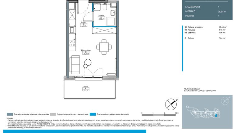 Rzut - Mieszkanie na sprzedaż 1 pokój o powierzchni 26,61 m² - numer DA0103 w Talarowa Park II