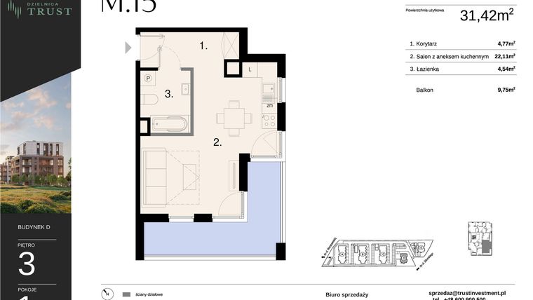 Rzut - Mieszkanie na sprzedaż 1 pokój o powierzchni 31,42 m² - numer D - M.15 w Dzielnica Trust