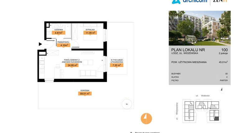 Rzut - Mieszkanie na sprzedaż 2 pokoje o powierzchni 45,01 m² - numer 3D.100 w Zenit III