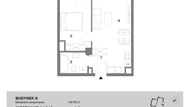 Rzut - Mieszkanie na sprzedaż 2 pokoje o powierzchni 43,98 m² - numer A1.2.16 w ATAL Grabiszyn
