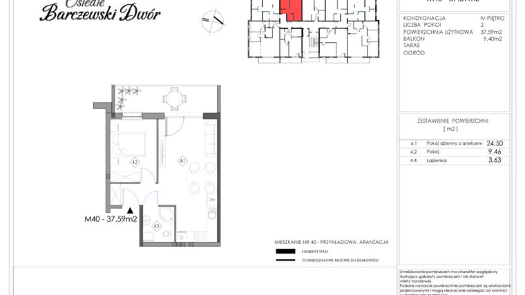 Rzut - Mieszkanie na sprzedaż 2 pokoje o powierzchni 37,59 m² - numer 40 w Osiedle Barczewski Dwór etap II