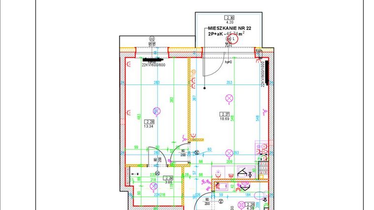 Rzut - Mieszkanie na sprzedaż 2 pokoje o powierzchni 45,74 m² - numer D22 w Osiedle Zuchów