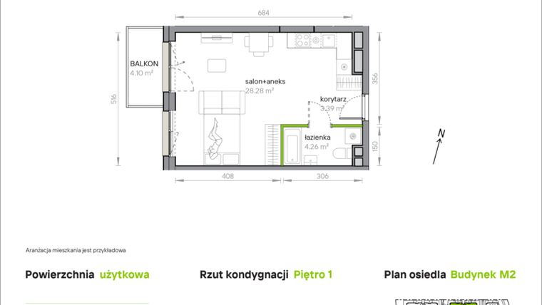 Rzut - Mieszkanie na sprzedaż 1 pokój o powierzchni 35,93 m² - numer M2/1/1/17 w Przy Parku Vita
