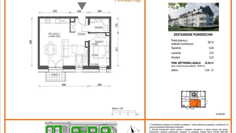 Rzut - Mieszkanie na sprzedaż 3 pokoje o powierzchni 43,99 m² - numer A1/M02/3P w Zielony Brochów 7 - etap A