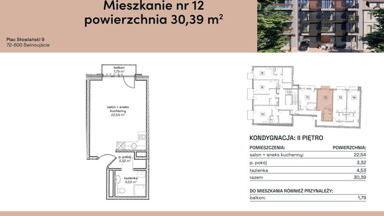 Rzut - Mieszkanie na sprzedaż 1 pokój o powierzchni 30,39 m² - numer M12 w Plac Słowiański 9