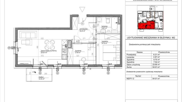 Rzut - Mieszkanie na sprzedaż 3 pokoje o powierzchni 54,07 m² - numer M2/P1/2 w Nowa Klecina
