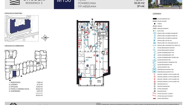 Rzut - Mieszkanie na sprzedaż 2 pokoje o powierzchni 52,25 m² - numer M150 w Chodźki Residence 2
