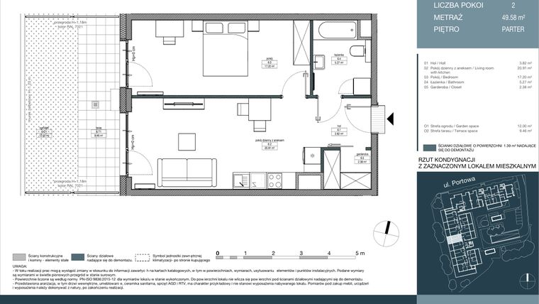 Rzut - Mieszkanie na sprzedaż 2 pokoje o powierzchni 49,58 m² - numer 6 w Portowa Zabłocie