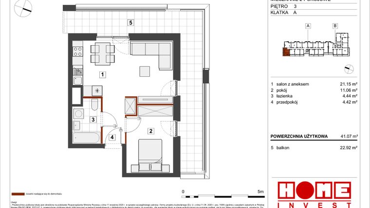 Rzut - Mieszkanie na sprzedaż 2 pokoje o powierzchni 41,07 m² - numer A-A039 w Warszawski Świt etap VII