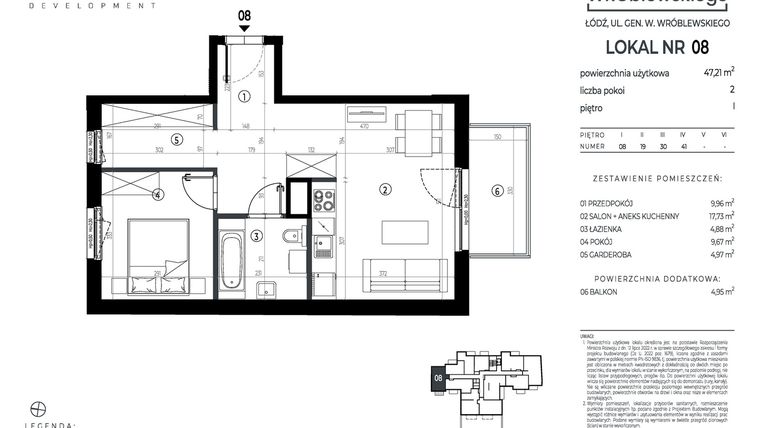 Rzut - Mieszkanie na sprzedaż 2 pokoje o powierzchni 47,21 m² - numer A08 w Wróblewskiego