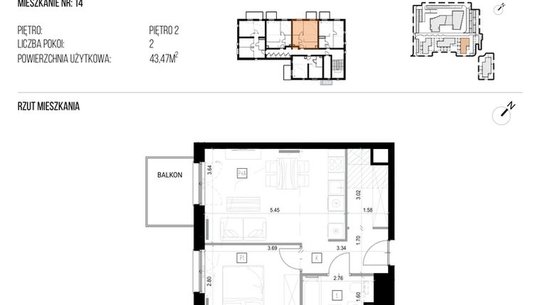 Rzut - Mieszkanie na sprzedaż 2 pokoje o powierzchni 43,47 m² - numer 22I/14 w NATURAMA II