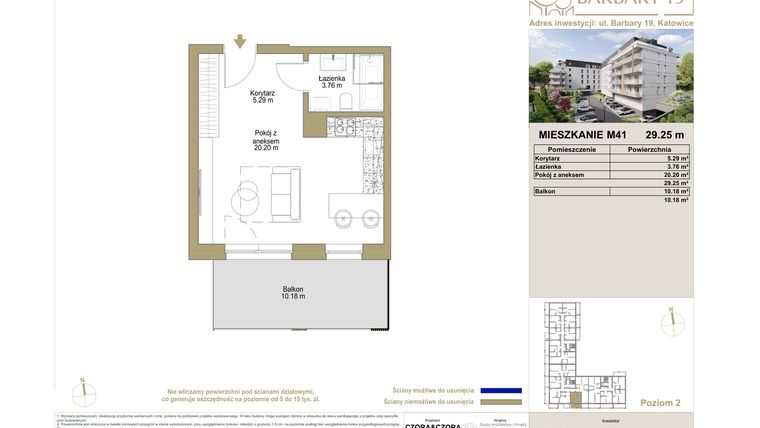 Rzut - Mieszkanie na sprzedaż 1 pokój o powierzchni 29,25 m² - numer M41 w Barbary 19
