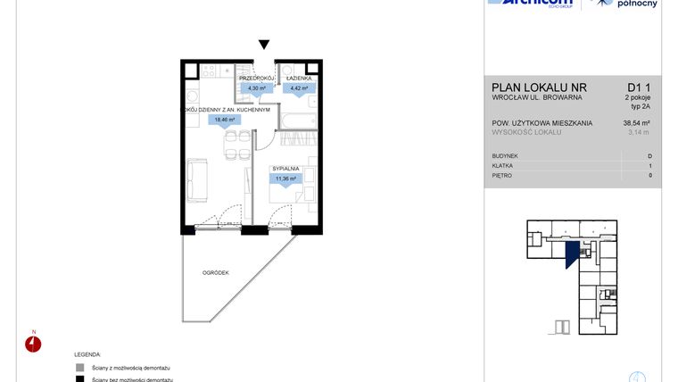 Rzut - Mieszkanie na sprzedaż 2 pokoje o powierzchni 38,54 m² - numer D1.1 w Bulwar Północny