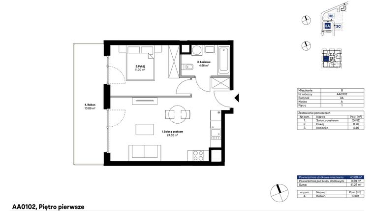 Rzut - Mieszkanie na sprzedaż 2 pokoje o powierzchni 40,68 m² - numer AA0102 w NU3 Warszawa Wola