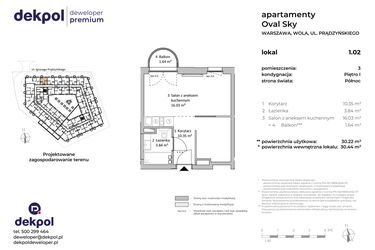 Rzut - Mieszkanie na sprzedaż 1 pokój o powierzchni 30,22 m² - numer 1.02 w OVAL SKY