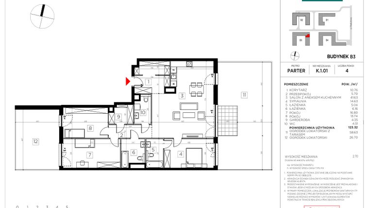 Rzut - Mieszkanie na sprzedaż 4 pokoje o powierzchni 123,32 m² - numer K.1.01 w CityFlow etap II