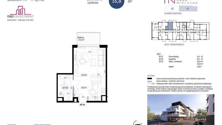 Rzut - Mieszkanie na sprzedaż 1 pokój o powierzchni 35,8 m² - numer A1-20 w Park Mielecka
