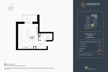 Rzut - Mieszkanie na sprzedaż 1 pokój o powierzchni 32,95 m² - numer A.301 w Rezydencja Śródmiejska
