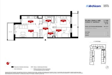 Rzut - Mieszkanie na sprzedaż 3 pokoje o powierzchni 64,75 m² - numer L1.90 w Wieża Jeżyce etap VI