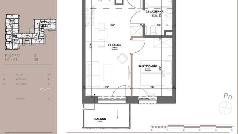 Rzut - Mieszkanie na sprzedaż 2 pokoje o powierzchni 32,6 m² - numer 13 w BETWEEN