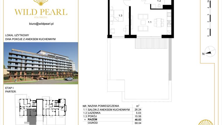 Rzut - Mieszkanie na sprzedaż 2 pokoje o powierzchni 46,83 m² - numer 0.1 w Wild Pearl - apartamenty inwestycyjne