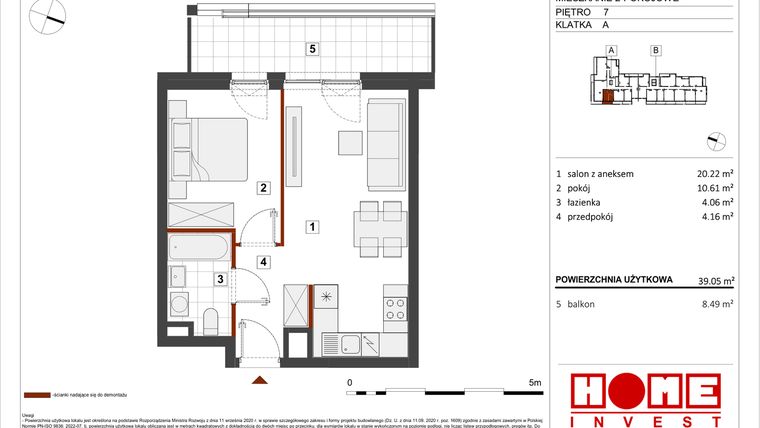 Rzut - Mieszkanie na sprzedaż 2 pokoje o powierzchni 39,05 m² - numer B1-A050 w Warszawski Świt etap VIII