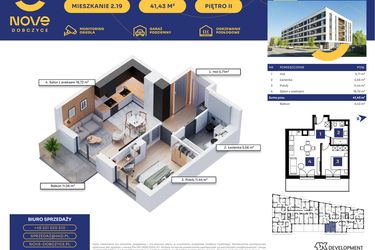 Rzut - Mieszkanie na sprzedaż 2 pokoje o powierzchni 41,43 m² - numer M19 w Nove Dobczyce