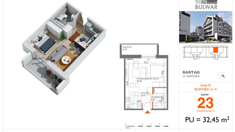 Rzut - Mieszkanie na sprzedaż 1 pokój o powierzchni 32,45 m² - numer 23 w Osiedle Bulwar bud. 4