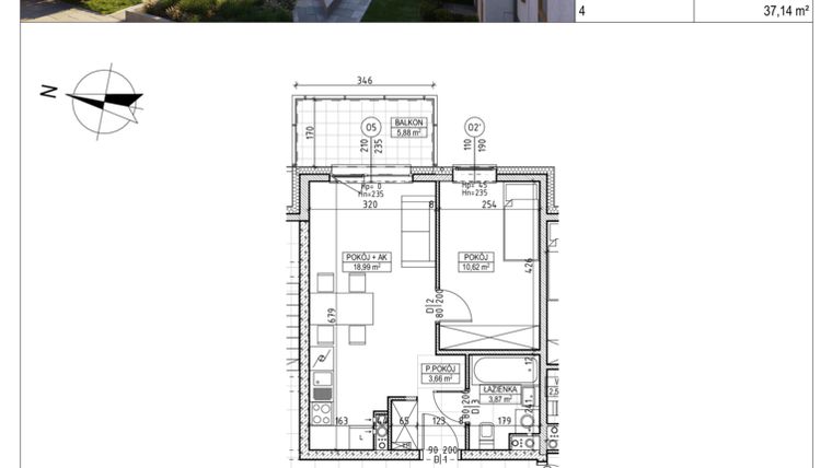 Rzut - Mieszkanie na sprzedaż 2 pokoje o powierzchni 37,14 m² - numer M.B7.01.08 w Osiedle Harmonia bud. B7