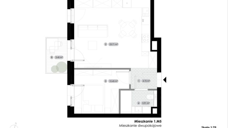 Rzut - Mieszkanie na sprzedaż 2 pokoje o powierzchni 42,79 m² - numer 1.M5 w Stalowa 76