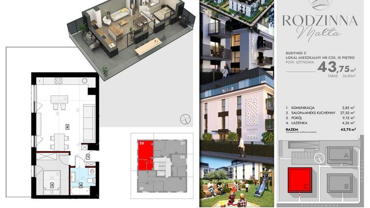 Rzut - Mieszkanie na sprzedaż 3 pokoje o powierzchni 43,47 m² - numer C20 w Rodzinna Malta
