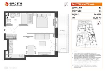 Rzut - Mieszkanie na sprzedaż 1 pokój o powierzchni 38,38 m² - numer B1.53 w Zajezdnia Motława