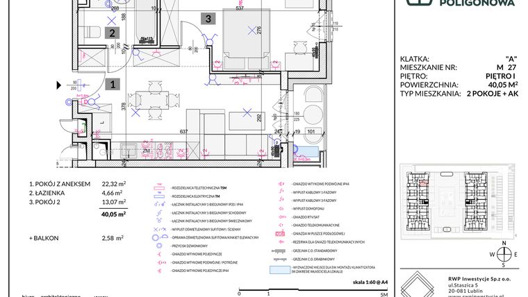 Rzut - Mieszkanie na sprzedaż 2 pokoje o powierzchni 40,05 m² - numer 27 w Apartamenty Poligonowa etap 5