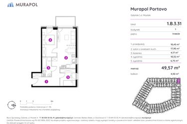 Rzut - Mieszkanie na sprzedaż 3 pokoje o powierzchni 49,6 m² - numer 1.B.3.31 w Murapol Portovo etap II