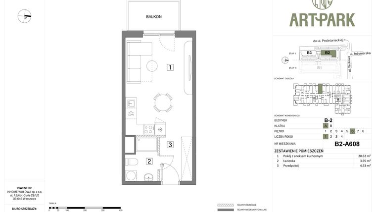 Rzut - Mieszkanie na sprzedaż 1 pokój o powierzchni 29,1 m² - numer B.2.A608 w Inhome Osiedle ArtPark etap I