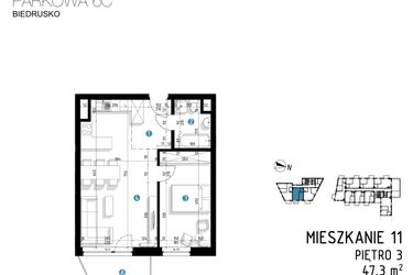 Rzut - Mieszkanie na sprzedaż 2 pokoje o powierzchni 47,3 m² - numer 6C.11 w Parkowa 6AC - ETAP III