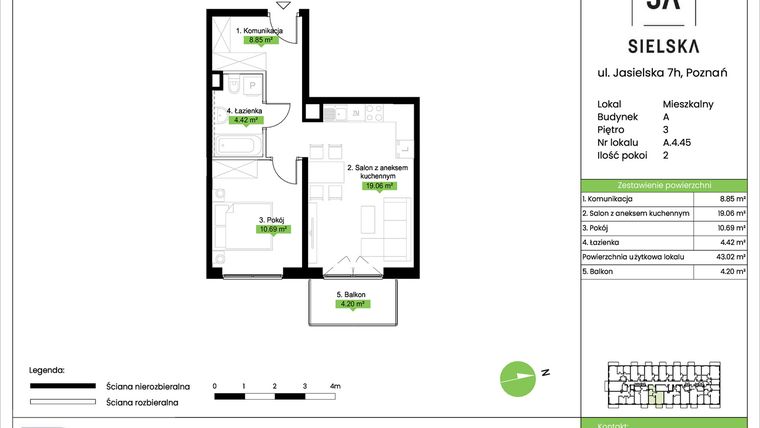 Rzut - Mieszkanie na sprzedaż 2 pokoje o powierzchni 43,02 m² - numer A.4.45 w JA_SIELSKA V