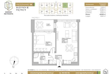 Rzut - Mieszkanie na sprzedaż 2 pokoje o powierzchni 49,69 m² - numer M14 w Ogrody Reymonta