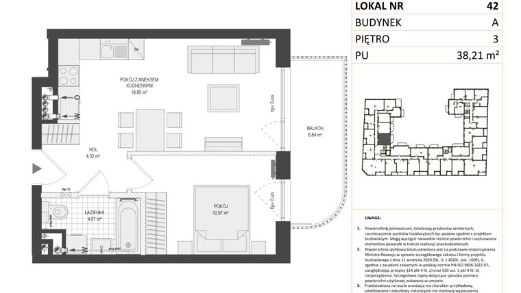 Rzut - Mieszkanie na sprzedaż 2 pokoje o powierzchni 38,21 m² - numer A.42 w Esencja
