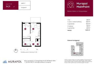 Rzut - Mieszkanie na sprzedaż 1 pokój o powierzchni 34,31 m² - numer 1.C.1.01 w Murapol MainPoint
