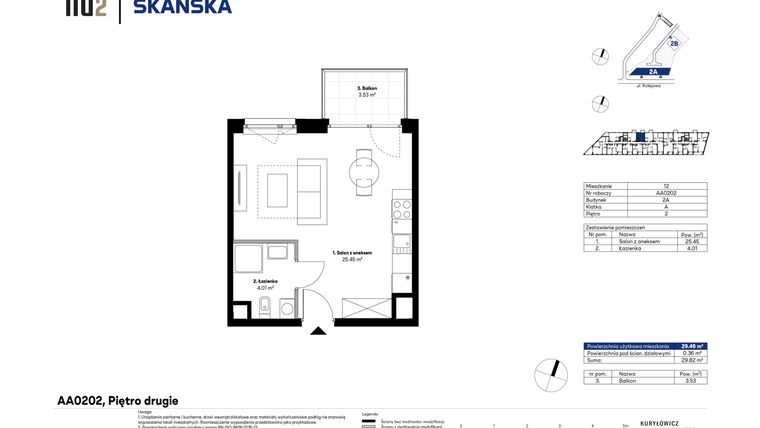 Rzut - Mieszkanie na sprzedaż 1 pokój o powierzchni 29,36 m² - numer AA0202 w NU2 Warszawa Wola - apartamenty wykończone pod klucz