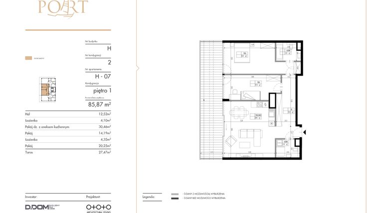 Rzut - Mieszkanie na sprzedaż 3 pokoje o powierzchni 85,87 m² - numer H_7 w Warmiński Port etap V