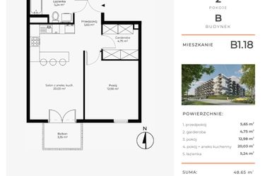 Rzut - Mieszkanie na sprzedaż 2 pokoje o powierzchni 48,65 m² - numer B1.18 w Enklawa Bukowa II