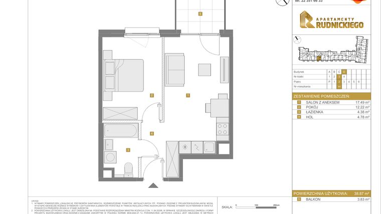 Rzut - Mieszkanie na sprzedaż 2 pokoje o powierzchni 38,87 m² - numer D.94 w Apartamenty Rudnickiego