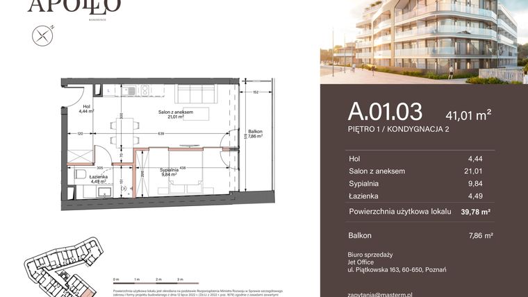 Rzut - Mieszkanie na sprzedaż 2 pokoje o powierzchni 39,78 m² - numer A.1.03 w Apollo Residence