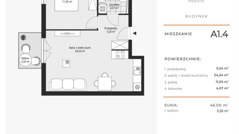 Rzut - Mieszkanie na sprzedaż 2 pokoje o powierzchni 46 m² - numer A1.4 w Enklawa Bukowa